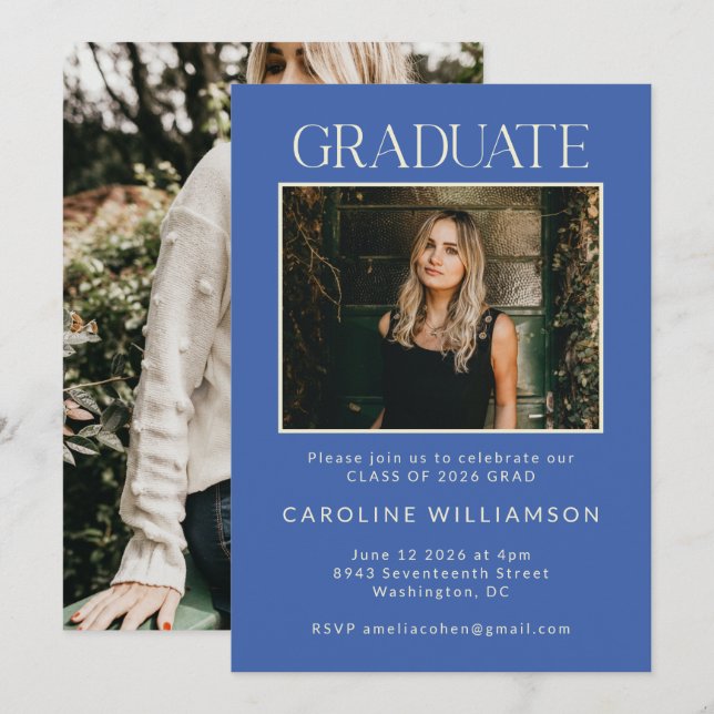 Invitation French Blue Two Photo Graduation Party (Devant / Derrière)