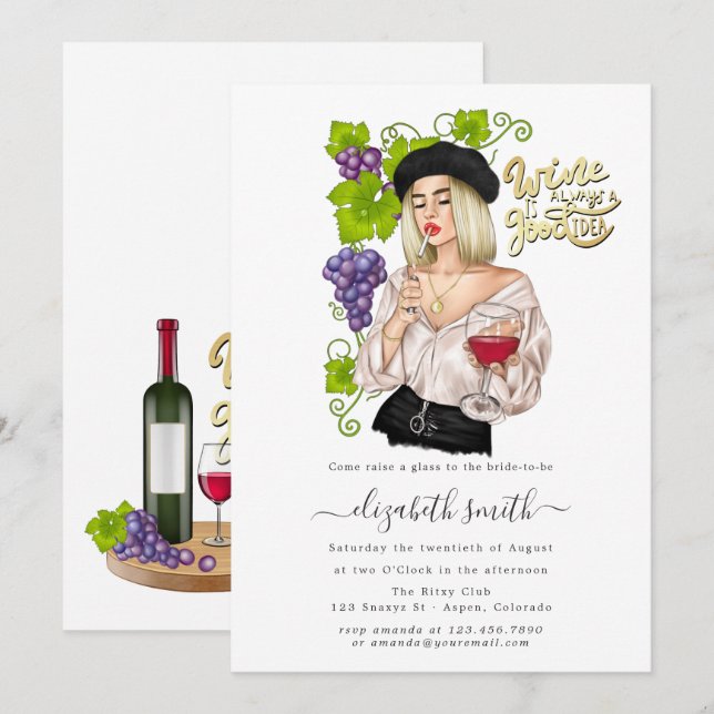 Invitation French Girl Dégustation de vin Nuptiale Douche Inv (Devant / Derrière)