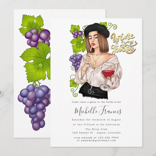 Invitation French Girl Dégustation de vin Nuptiale Douche Inv (Devant / Derrière)