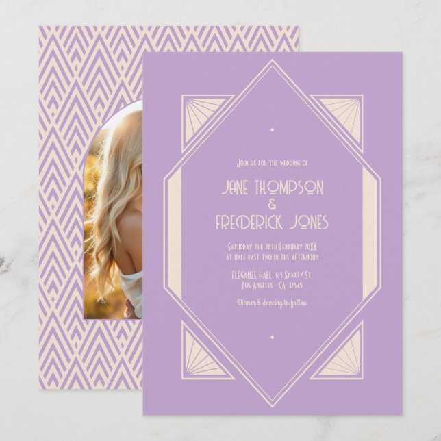 Invitation French Lilac & Champagne Art Deco Wedding Photo (Devant / Derrière)