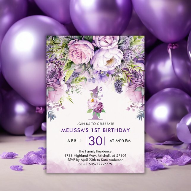 Invitation French Lilac & Pink Garden Flower 1er anniversaire (Purple & Pink Garden Flowers Girl 1st Birthday Invitation)