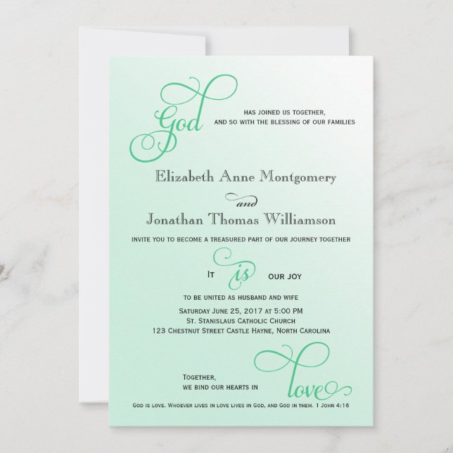 Invitation Fresh Mint Script God is Love Christian Mariage (Devant)