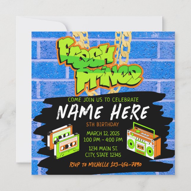Invitation Fresh Prince 90s Boombox Bleu Orange Anniversaire (Devant)