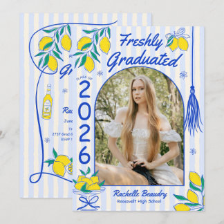 Invitation Freshly Graduate Lemon Citrus Blue Stripes Grad 