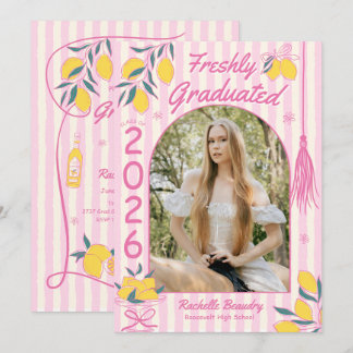 Invitation Freshly Graduate Lemon Citrus Pink Stripes Grad 