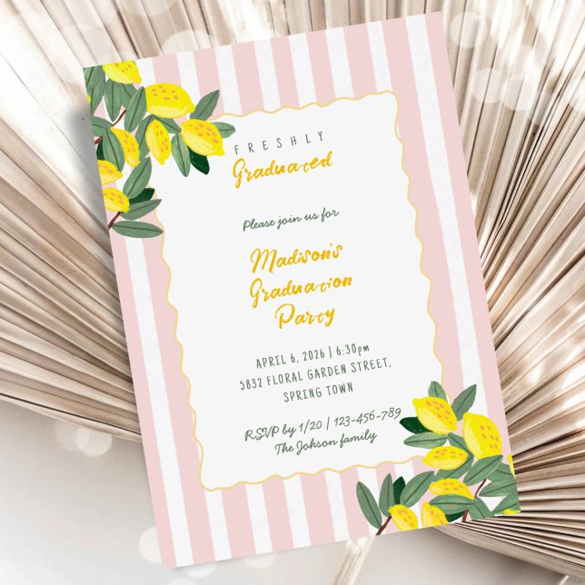 Invitation Freshly Graduated Lemon Stripe Graduation Party (Freshly Graduated Lemon Stripe Graduation Party Invitation)