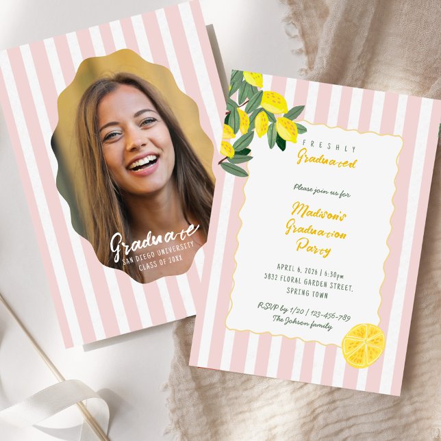 Invitation Freshly Graduated Lemon Stripe Graduation Party (Freshly Graduated Lemon Stripe Graduation Party Invitation)