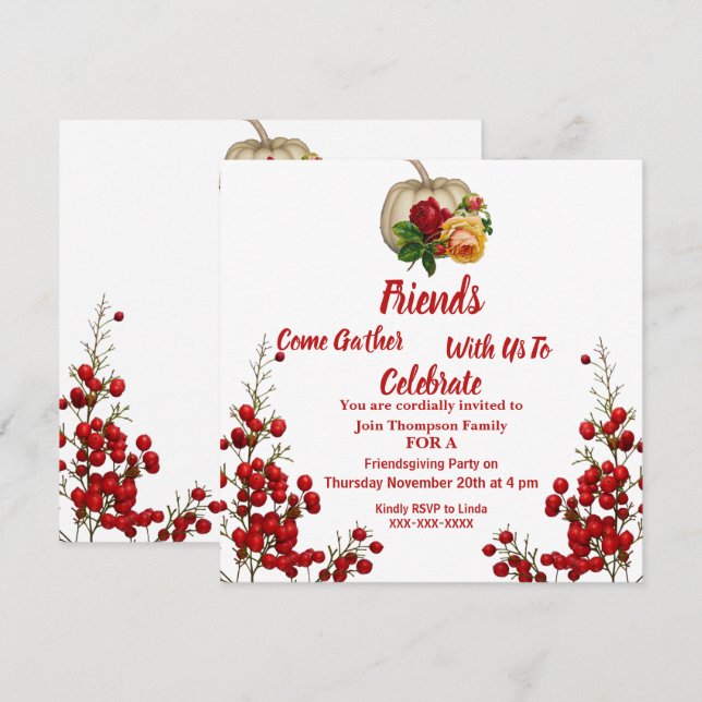 Invitation Friendsgiving Automne Citrouille Roses Red Berry (Devant / Derrière)
