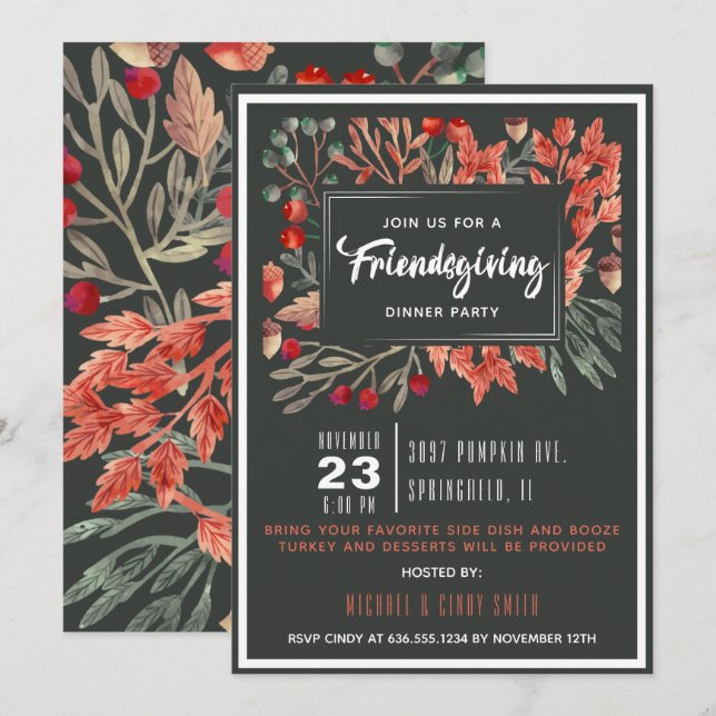 Invitation Friendsgiving de feuillage d'automne à l'aquarelle (Devant / Derrière)