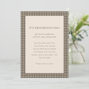 Invitation Friendsgiving Taupe Gingham Dîner Coutume Automne