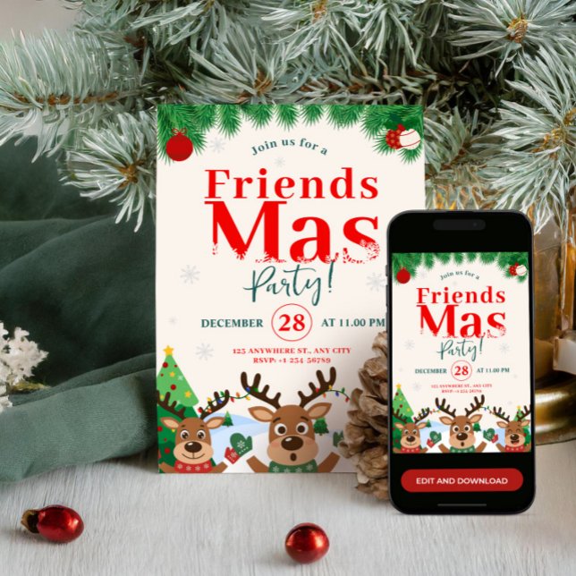 Invitation Friendsmas Christmas Holiday Party Cute Reindeer (Friendsmas Christmas Holiday Party Cute Reindeer Invitation)