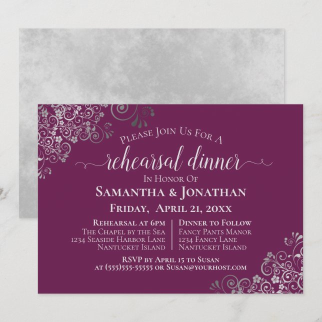 Invitation Frills Argent Magenta Mariage Répétition & Dîner (Devant / Derrière)