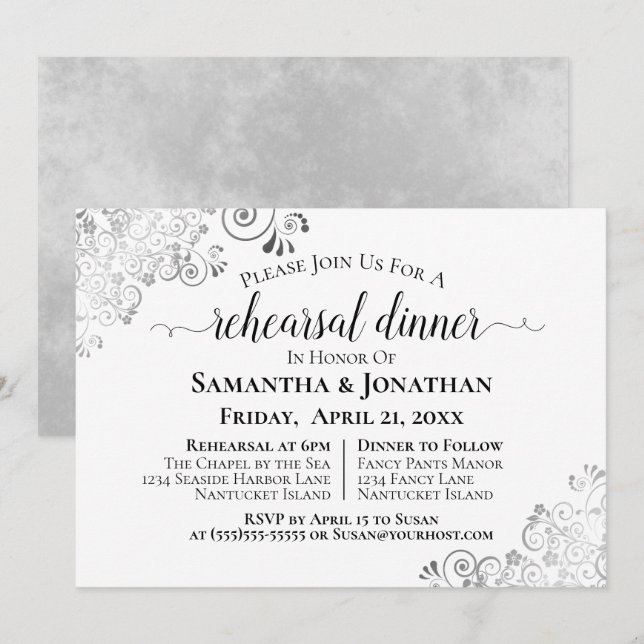 Invitation Frills argentés Dîner et répétition de mariage élé (Devant / Derrière)