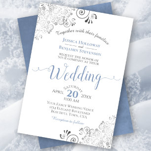 Invitation Frills d'argent Élégant bleu & gris sur Mariage bl