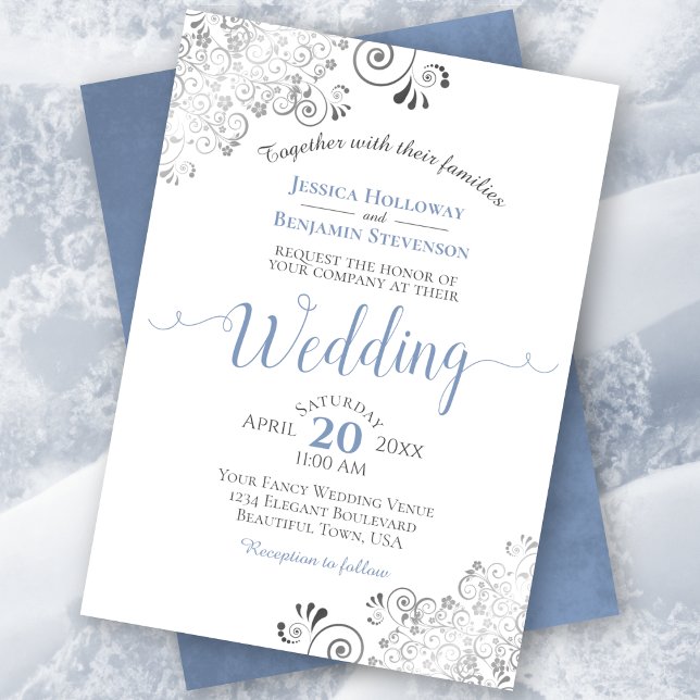 Invitation Frills d'argent Élégant bleu & gris sur Mariage bl (Créateur téléchargé)