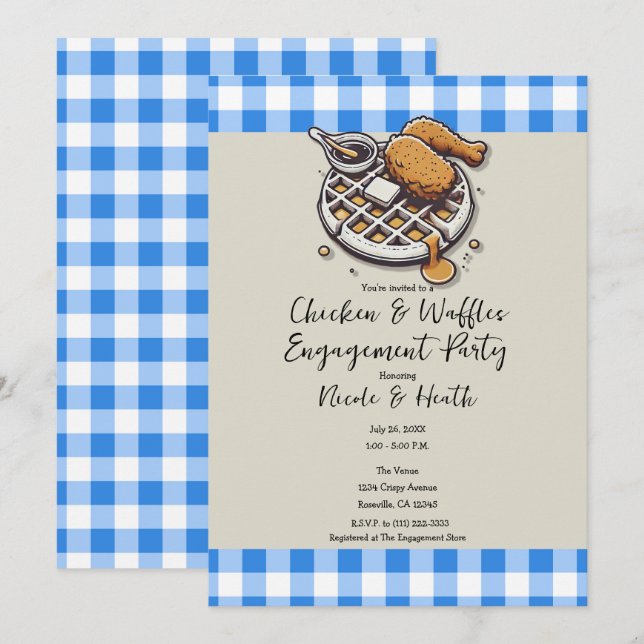 Invitation Frites de poulet et gaufres, Fête de fiançailles b (Devant / Derrière)