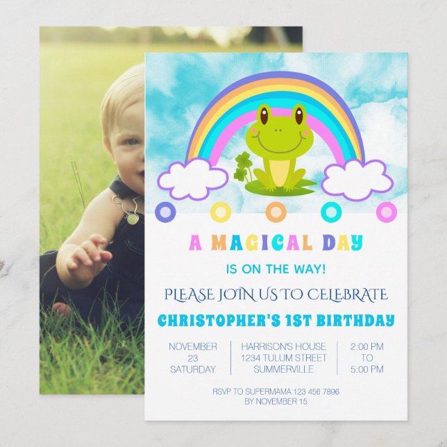 Invitation Frog 1er anniversaire fête Retro Rainbow (Devant / Derrière)