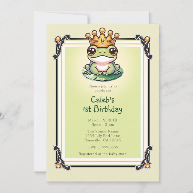 Invitation Frog Prince en or Couronne 1ER Anniversaire Fête (Devant)