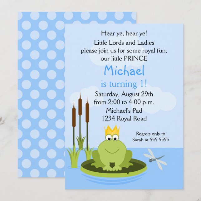 Invitation Frog Prince fête d'anniversaire (Devant / Derrière)