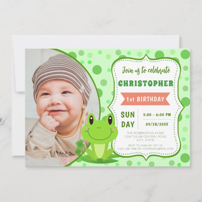Invitation Froggy anniversaire fête Green Dots thème (Devant)