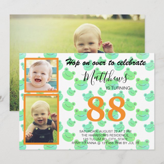 Invitation Froggy fête d'anniversaire Trois photos personnali (Devant / Derrière)