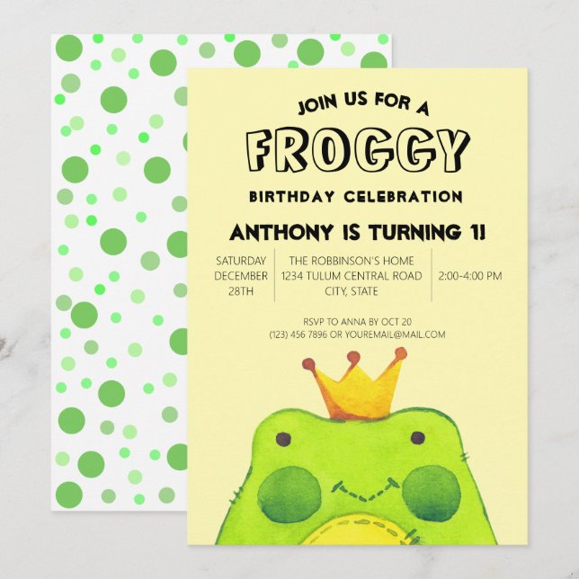 Invitation Froggy garçon d'anniversaire prince Premier parti  (Devant / Derrière)