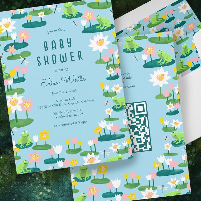 Invitation Frogs & Lily Pads Cute CUSTOM QR CODE BABY SHOWER (Frogs & Lily Pads Cute CUSTOM QR CODE BABY SHOWER Invitation Floral Blue Pink Green )
