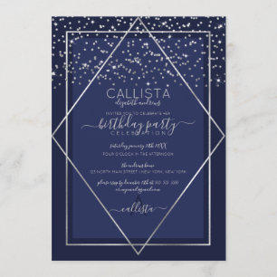 Invitation Frontière de Confetti en argent bleu marine Annive