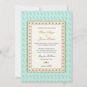 Invitation Frontière ethnique de fleurs Aqua mariage indien