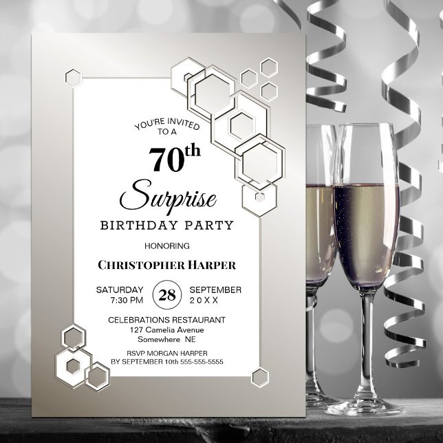 Invitation Frontière géométrique Argent Surprise 70e annivers (Créateur téléchargé)