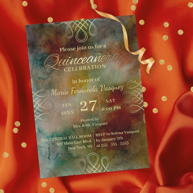Invitation Frontière Gold Filigree Dreamy Aquarelle Quinceañe (Créateur téléchargé)