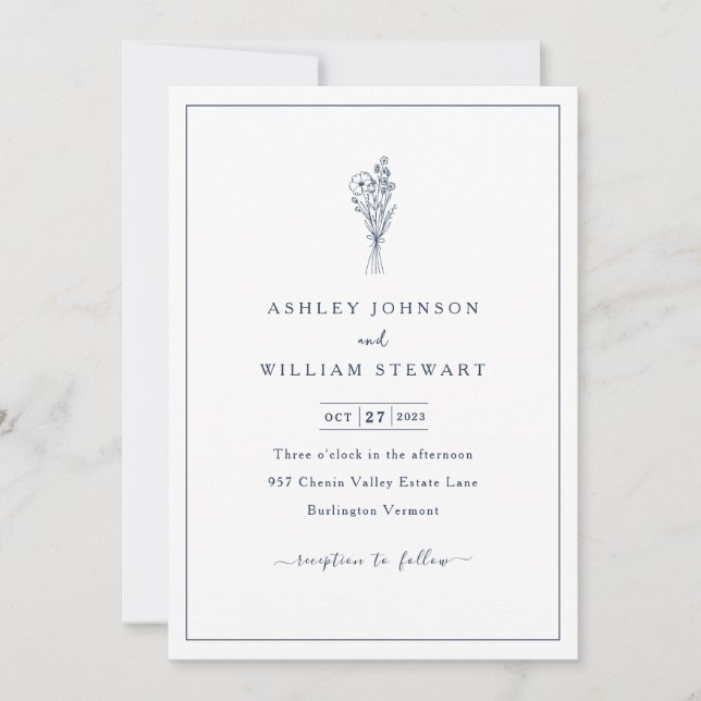 Invitation Frontière minimaliste romantique Mariage bleu mari (Devant)