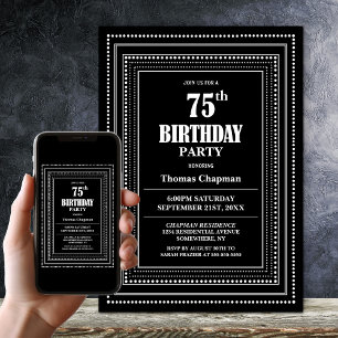 Invitation Frontière moderne noir et blanc 75e anniversaire