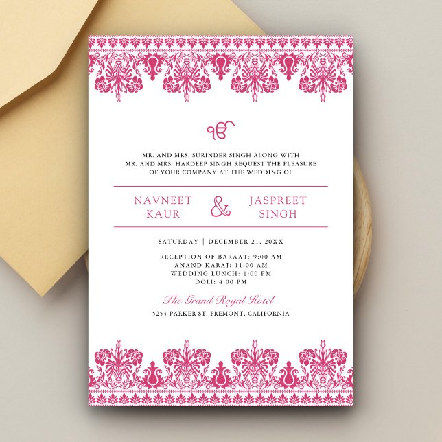Invitation Frontière rose Damask Anand Karaj Sikh Mariage (Créateur téléchargé)