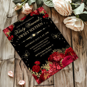Invitation Frontière Rose rouge et or Sweet sixteen floral