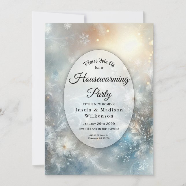 Invitation  Frozen Petals in Golden Winter Housewarming Party (Devant)