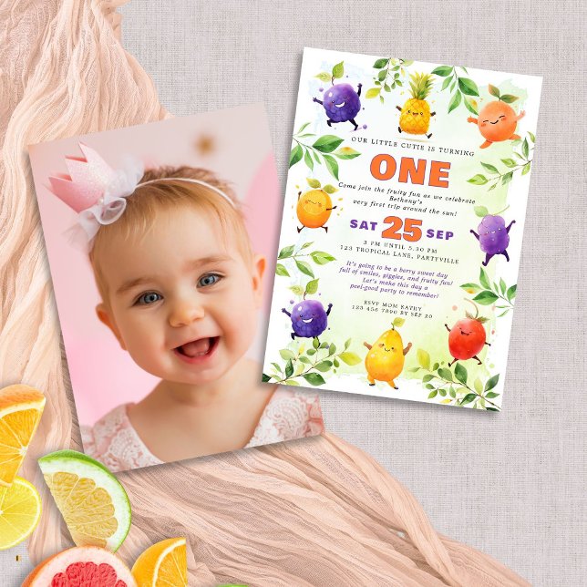 Invitation Fruit de danse 1ère fête d'anniversaire Photo (Front and back view)