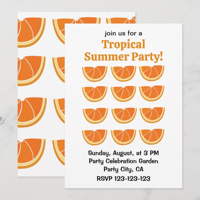 Invitation Fruit d'Orange Tropical Summer Party (Devant / Derrière)