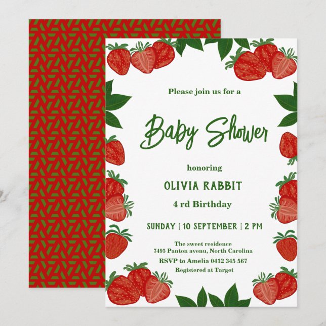 Invitation Fruit sucré fraise Fille Baby shower frais (Devant / Derrière)