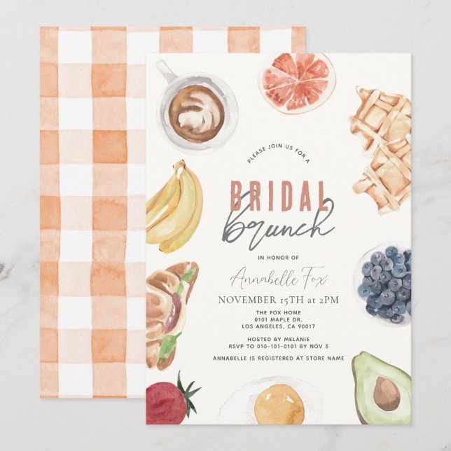 Invitation Fruits de café gaufre Aquarelle Brunch nuptial (Devant / Derrière)