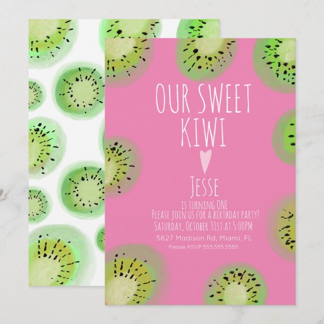 Invitation Fruits de Kiwi doux Aquarelle d'anniversaire rose  (Devant / Derrière)