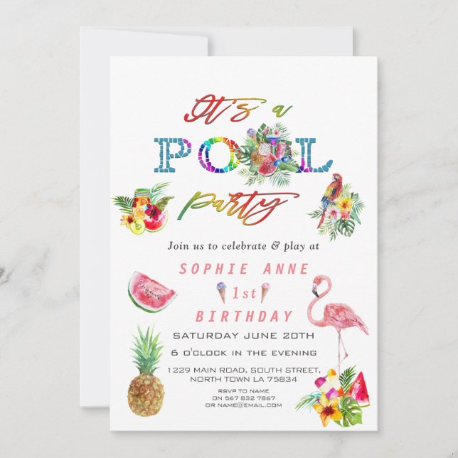 Invitation Fruits floraux hawaïens Piscine d'oiseaux Annivers (Devant)