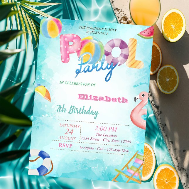 Invitation Fruits, Palm Leaf Pool Été Anniversaire (Créateur téléchargé)