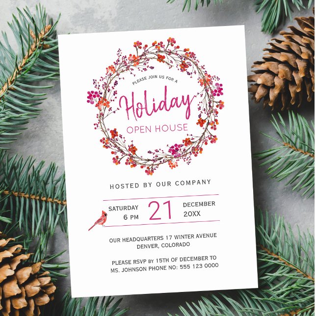 Invitation Fruits rouges couronnes hiver Holiday Open House (Créateur téléchargé)