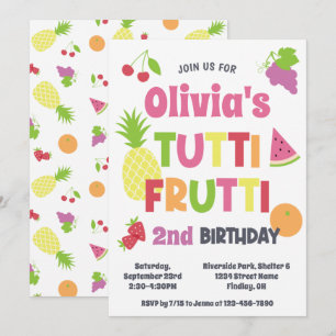 Invitation Frutti Tutti coloré fête d'anniversaire, n'importe