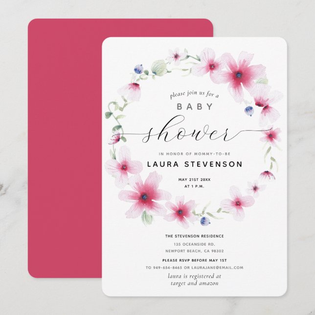 Invitation Fuchsia Aquarelle rose Baby shower de couronne de  (Devant / Derrière)