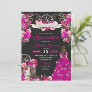 Invitation Fuchsia & Black Cowgirl Western Charro Quinceanera