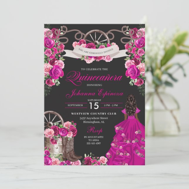 Invitation Fuchsia & Black Cowgirl Western Charro Quinceanera (Debout devant)