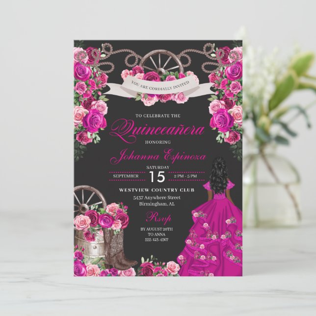 Invitation Fuchsia & Black Cowgirl Western Charro Quinceanera (Debout devant)