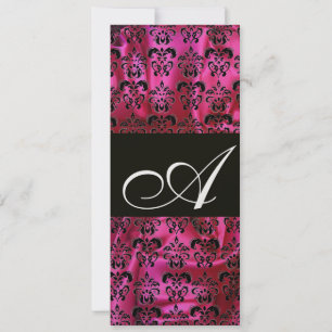 Invitation FUCHSIA BLACK SILK DAMASK MONOGRAM, Glace blanche